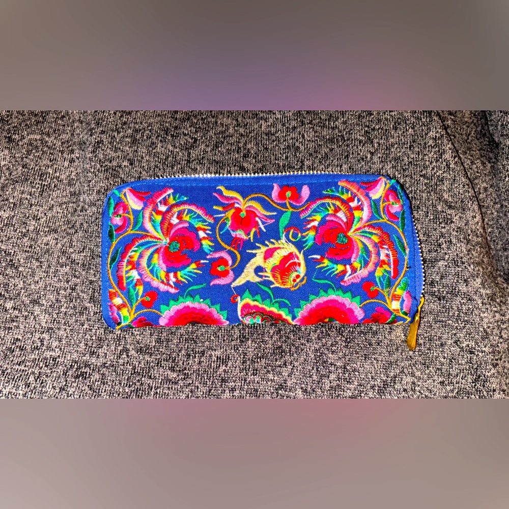 Embroidered Wallet Blue background with floral pattern 8 in X 4 in